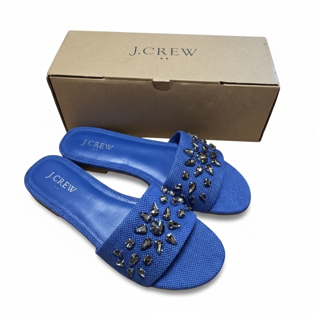 J. Crew New Jewel Slide Sandals Womens 7.5 Gulf Smoke Blue Spring Resortwear
